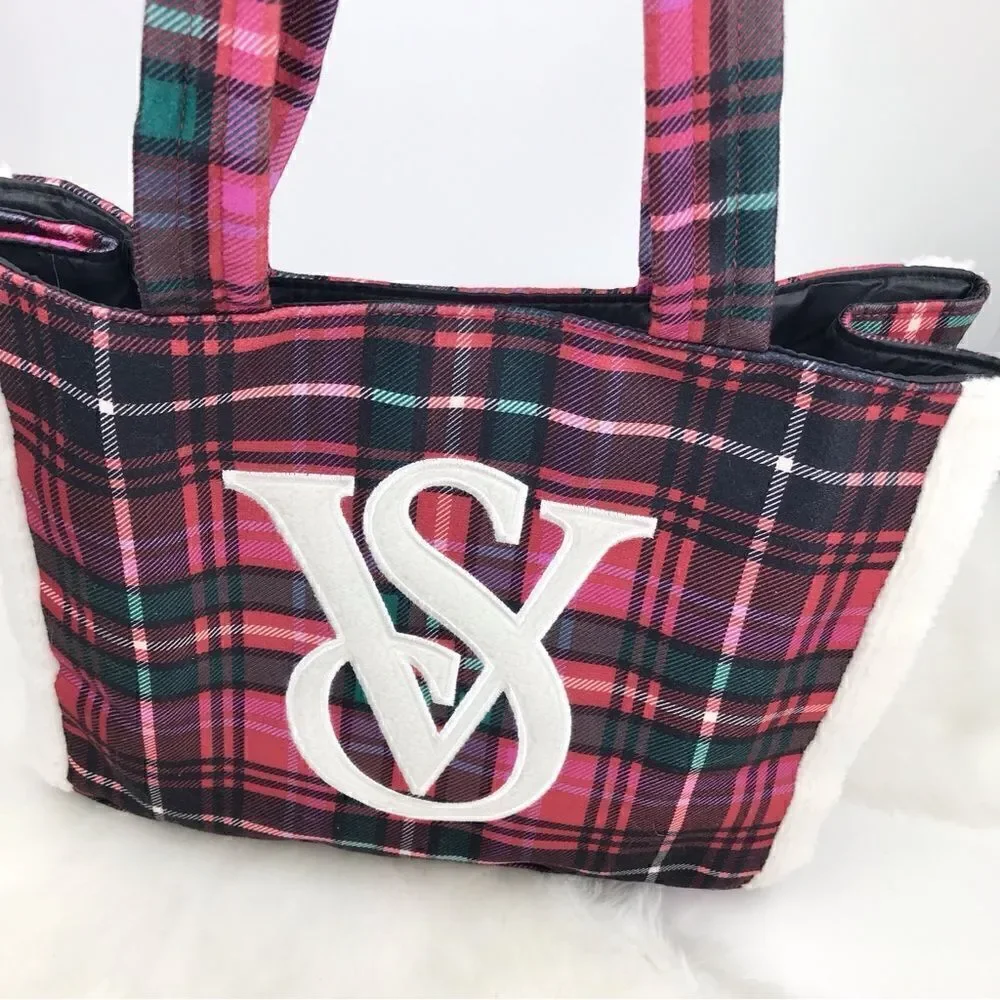 Victoria’s Secret Red Green Plaid Shearling Trim Holiday Winter Travel Tote Bag